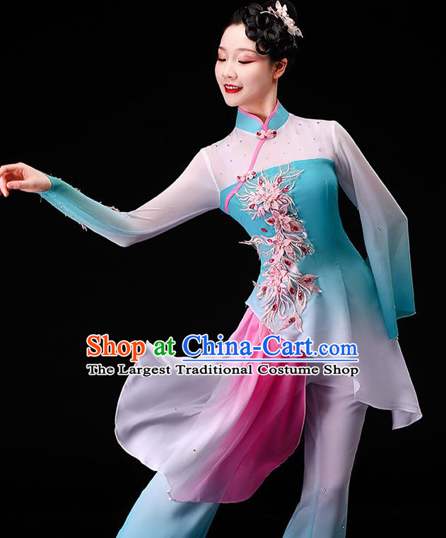 China Classical Dance Blue Dress Women Group Dance Garment Costumes Umbrella Dance Clothing Stage Performance Fashion