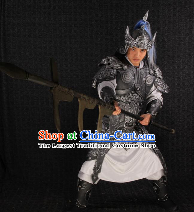 China Three Kingdoms Period General Zhao Yun Uniforms Ancient Warrior Garment Costumes Traditional Drama Military Officer Grey Armor Clothing and Helmet