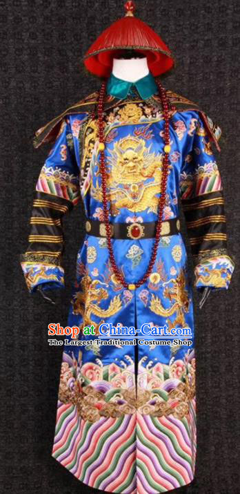 China Ancient Minister Garment Costumes Traditional Drama Royalblue Robe Clothing Qing Dynasty Royal Highness Uniforms and Hat