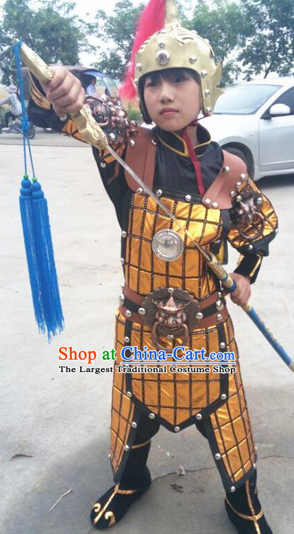China Three Kingdoms Period Boy General Armor Uniforms Ancient Soldier Garment Costumes Traditional Opera Warrior Clothing and Hat