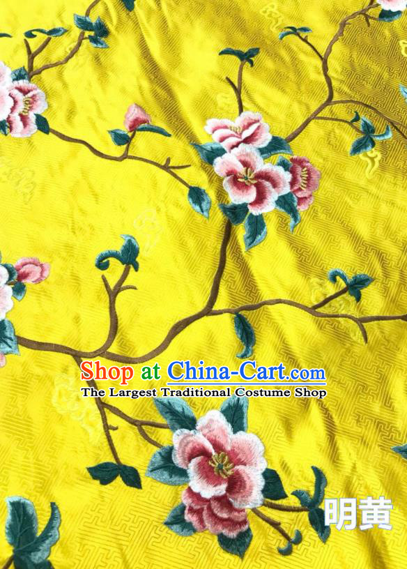 China Court Yellow Brocade Drapery Classical Cheongsam Damask Cloth Traditional Silk Fabric Embroidered Peach Blossom Satin Material