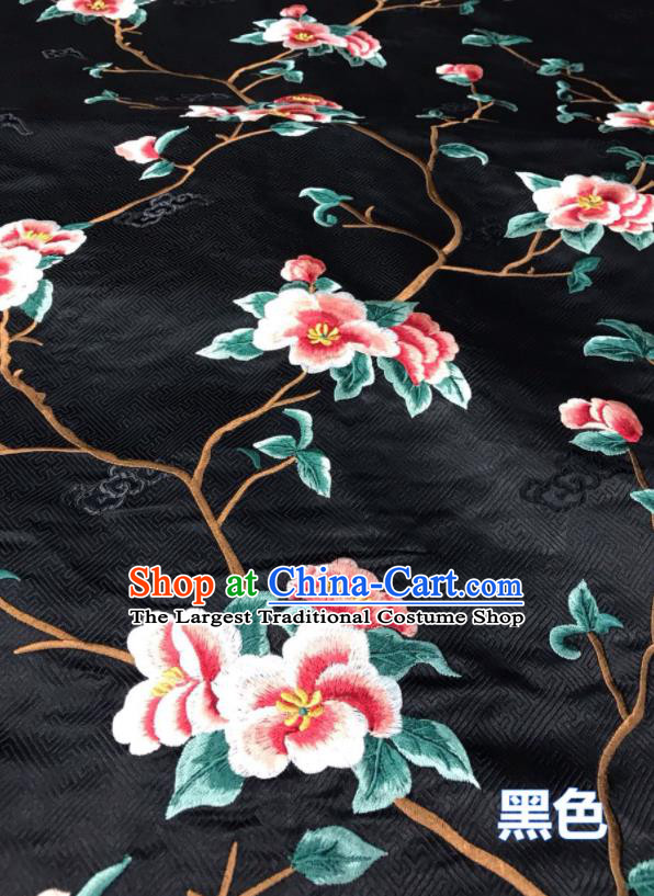 China Embroidered Peach Blossom Satin Material Court Black Brocade Drapery Classical Cheongsam Damask Cloth Traditional Silk Fabric