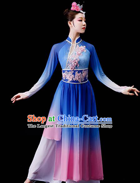 China Umbrella Dance Garment Costumes Women Group Dance Clothing Stage Performance Fashion Uniforms Classical Dance Blue Chiffon Dress