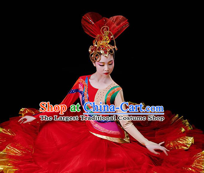 Professional Women Group Flower Dance Fashion Chorus Performance Costume Modern Dance Red Bubble Dress Opening Dance Garment