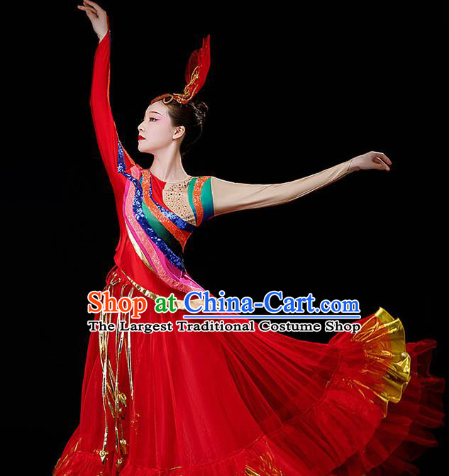 Professional Women Group Flower Dance Fashion Chorus Performance Costume Modern Dance Red Bubble Dress Opening Dance Garment