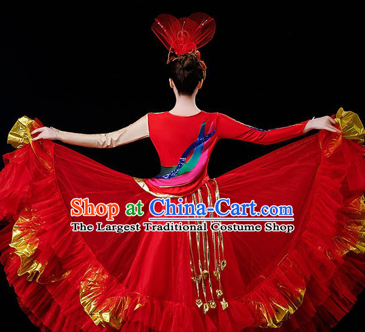 Professional Women Group Flower Dance Fashion Chorus Performance Costume Modern Dance Red Bubble Dress Opening Dance Garment