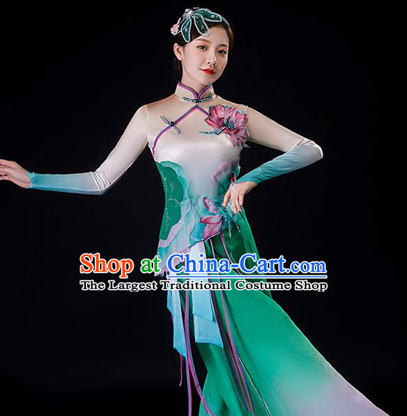 China Classical Dance Green Dress Lotus Dance Garment Costumes Umbrella Dance Clothing Stage Performance Fashion Uniforms