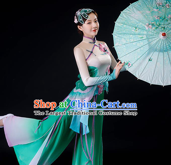 China Classical Dance Green Dress Lotus Dance Garment Costumes Umbrella Dance Clothing Stage Performance Fashion Uniforms