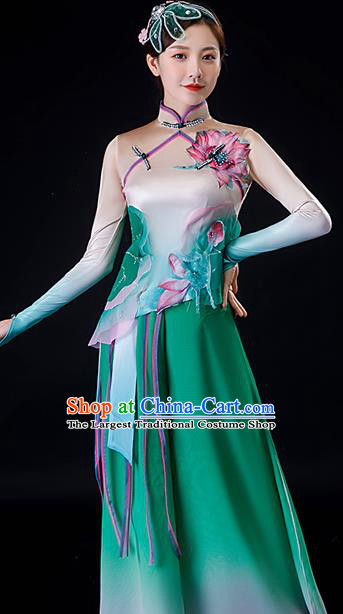 China Classical Dance Green Dress Lotus Dance Garment Costumes Umbrella Dance Clothing Stage Performance Fashion Uniforms