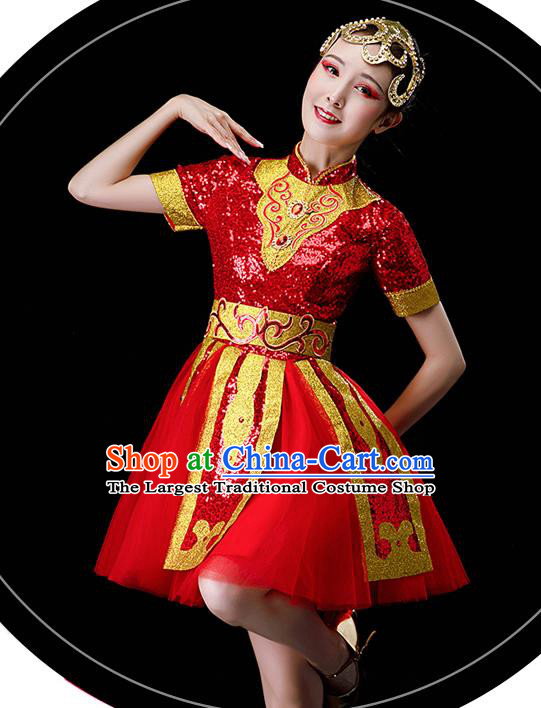 Professional Opening Dance Garment Women Group Drum Dance Fashion Chorus Performance Costume Modern Dance Red Dress