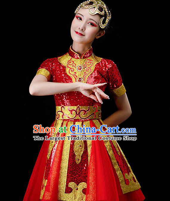 Professional Opening Dance Garment Women Group Drum Dance Fashion Chorus Performance Costume Modern Dance Red Dress