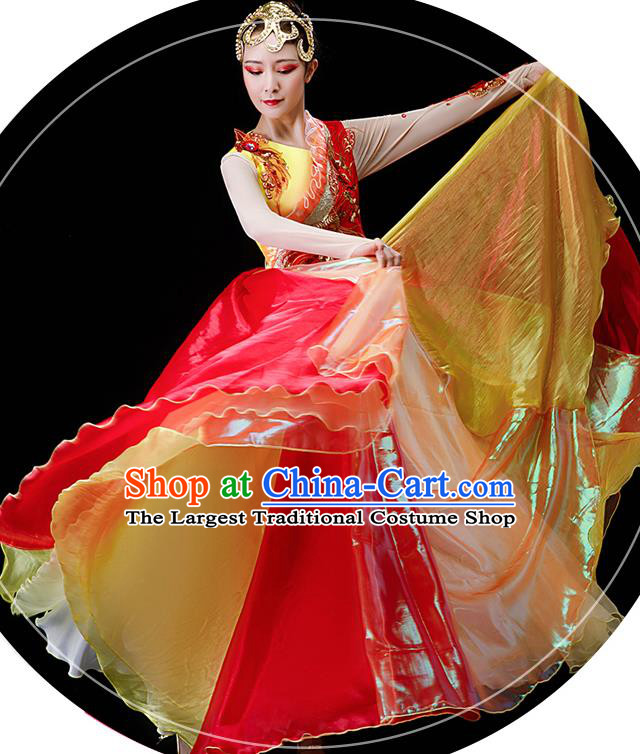 Professional Modern Dance Red Long Dress Opening Dance Garment Women Group Dance Fashion Chorus Performance Costume