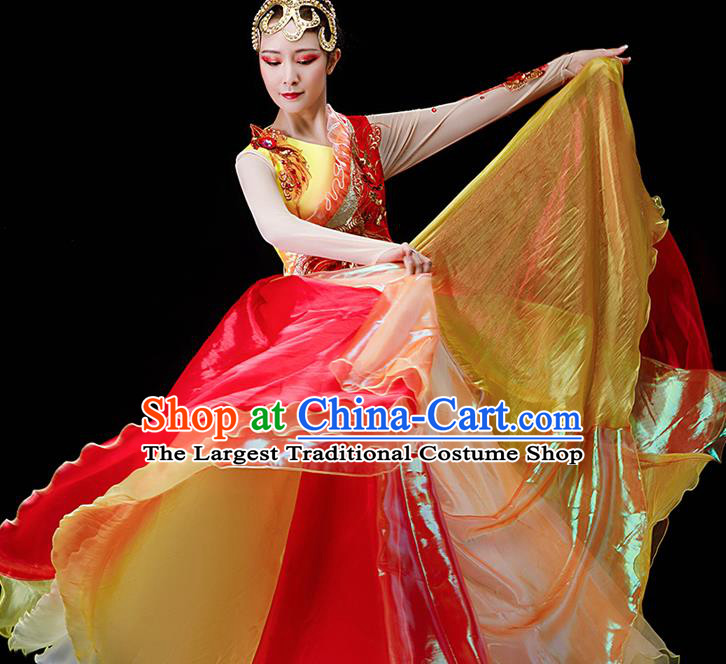 Professional Modern Dance Red Long Dress Opening Dance Garment Women Group Dance Fashion Chorus Performance Costume
