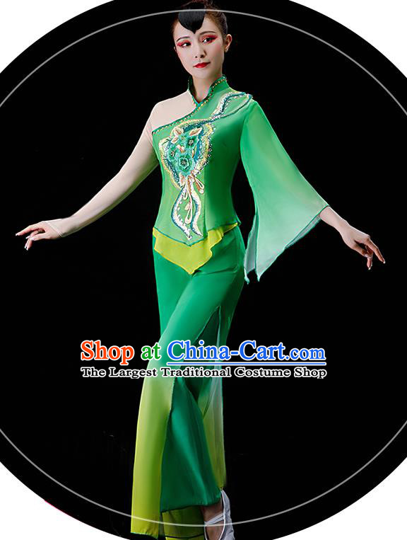Chinese Folk Dance Green Chiffon Uniforms Traditional Women Square Performance Garment Costumes New Year Yangko Dance Clothing Fan Dance Apparels
