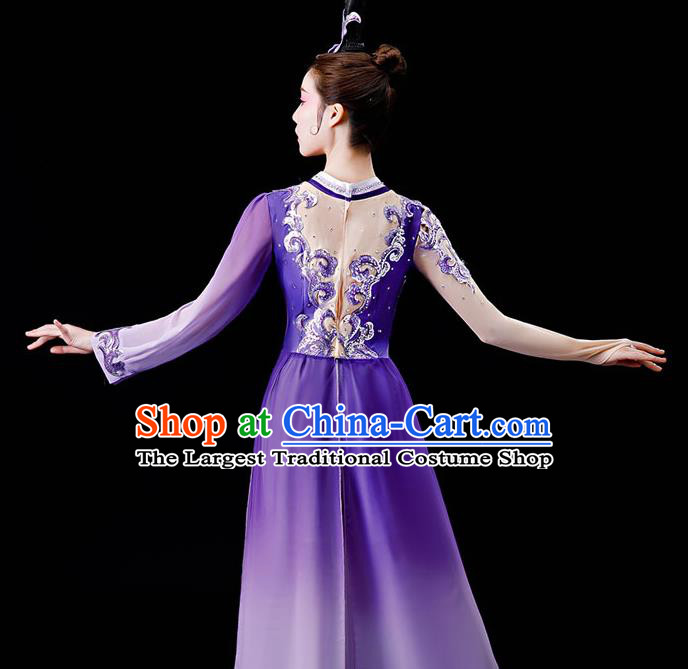 China Women Group Dance Clothing Stage Performance Fashion Uniforms Classical Dance Purple Dress Umbrella Dance Garment Costumes
