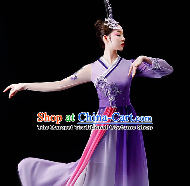 China Women Group Dance Clothing Stage Performance Fashion Uniforms Classical Dance Purple Dress Umbrella Dance Garment Costumes