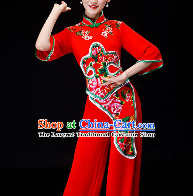 Chinese Yangko Performance Clothing New Year Fan Dance Apparels Folk Dance Red Uniforms Traditional Women Drum Dance Garment Costumes