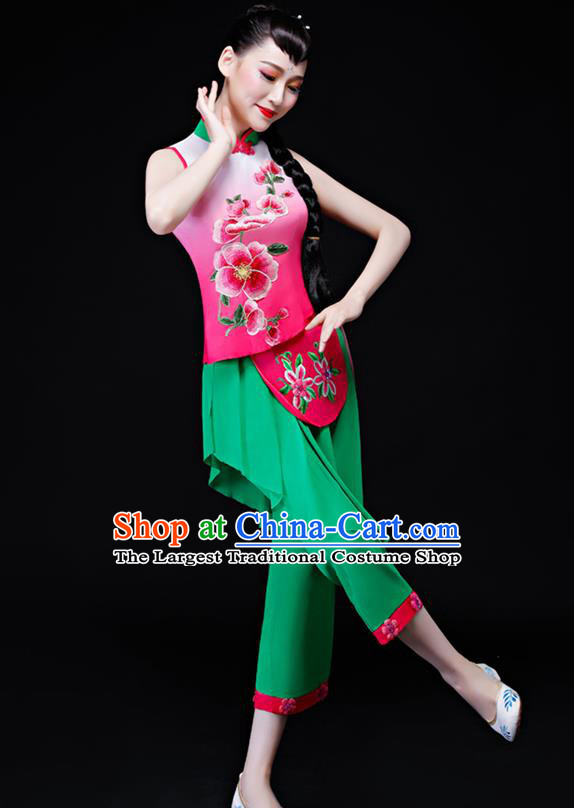 Chinese Fan Dance Apparels Folk Dance Uniforms Traditional Village Girl Dance Garment Costumes Bamboo Hat Performance Clothing