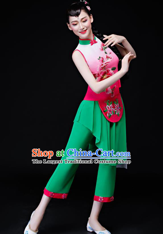 Chinese Fan Dance Apparels Folk Dance Uniforms Traditional Village Girl Dance Garment Costumes Bamboo Hat Performance Clothing