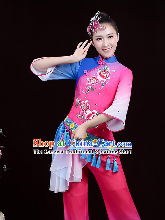 Chinese Traditional Waist Drum Dance Garment Costumes Yangko Performance Clothing Fan Dance Apparels Folk Dance Rosy Uniforms
