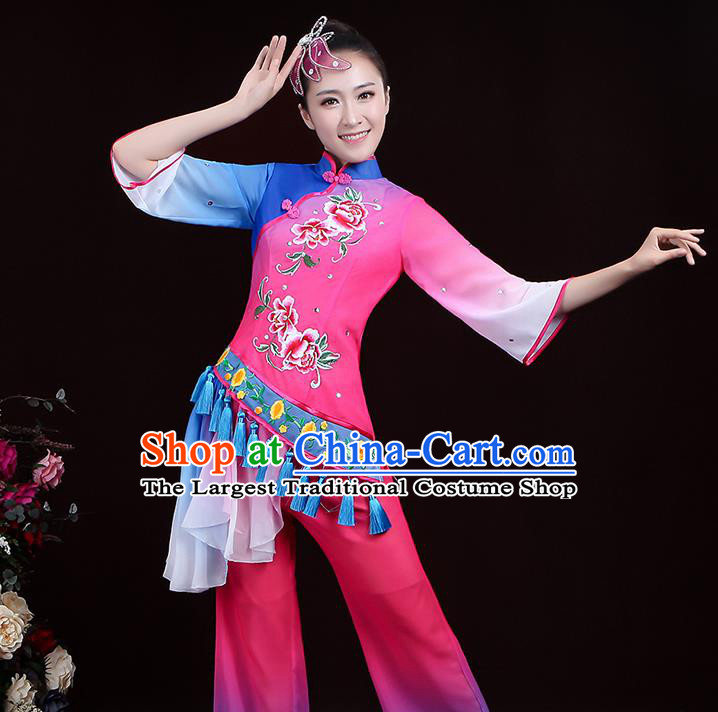 Chinese Traditional Waist Drum Dance Garment Costumes Yangko Performance Clothing Fan Dance Apparels Folk Dance Rosy Uniforms