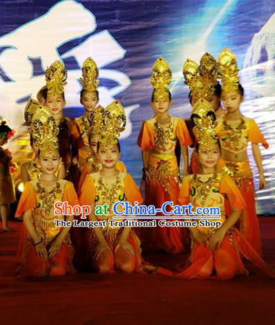 China Thousands Hands Guanyin Clothing Children Stage Performance Red Uniforms Classical Dance Fashion Dress Flying Fairy Dance Garment Costumes and Headpieces