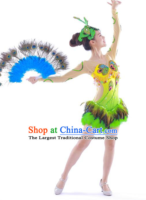Chinese Dai Nationality Folk Dance Clothing Yunnan Minority Festival Garment Costumes Ethnic Children Peacock Dance Green Feather Dress Outfits