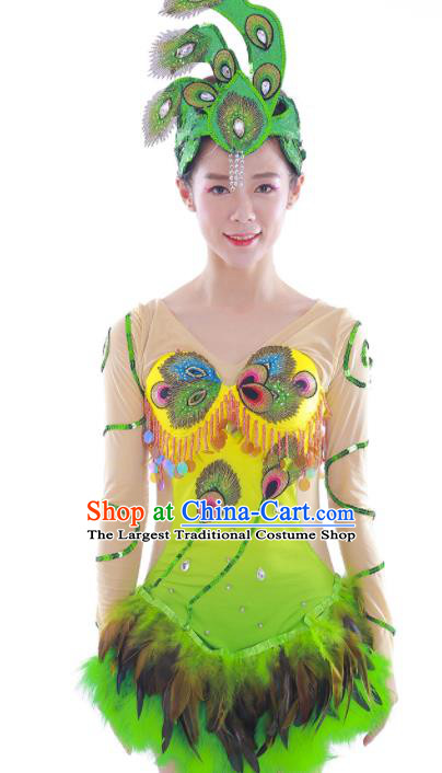 Chinese Dai Nationality Folk Dance Clothing Yunnan Minority Festival Garment Costumes Ethnic Children Peacock Dance Green Feather Dress Outfits