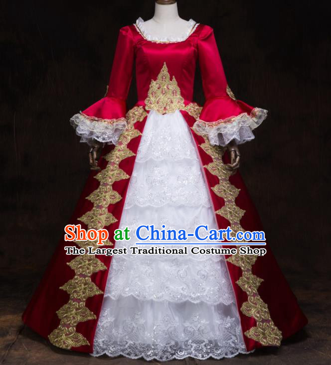 Top Western Renaissance Style Red Full Dress Christmas Garment Costume England Noble Woman Formal Attire European Drama Performance Clothing