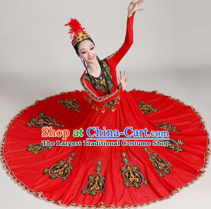 Chinese Xinjiang Ethnic Folk Dance Red Dress Outfits Uyghur Nationality Opening Dance Clothing Uighur Minority Festival Performance Garment Costumes