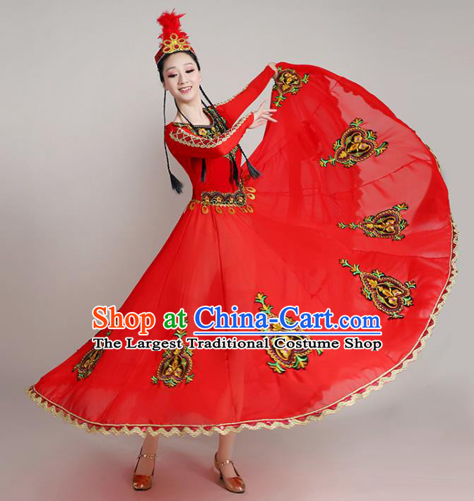 Chinese Xinjiang Ethnic Folk Dance Red Dress Outfits Uyghur Nationality Opening Dance Clothing Uighur Minority Festival Performance Garment Costumes