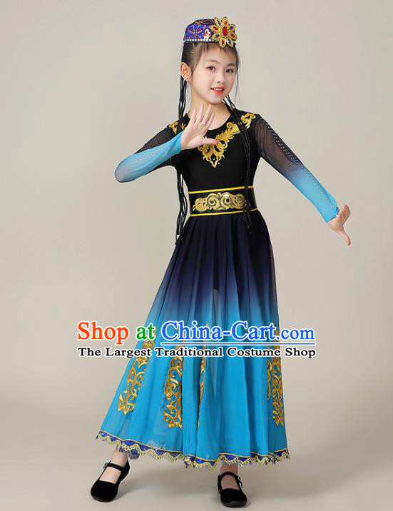 Chinese Uighur Minority Children Performance Garment Costumes Xinjiang Ethnic Folk Dance Blue Dress Outfits Uyghur Nationality Dance Clothing