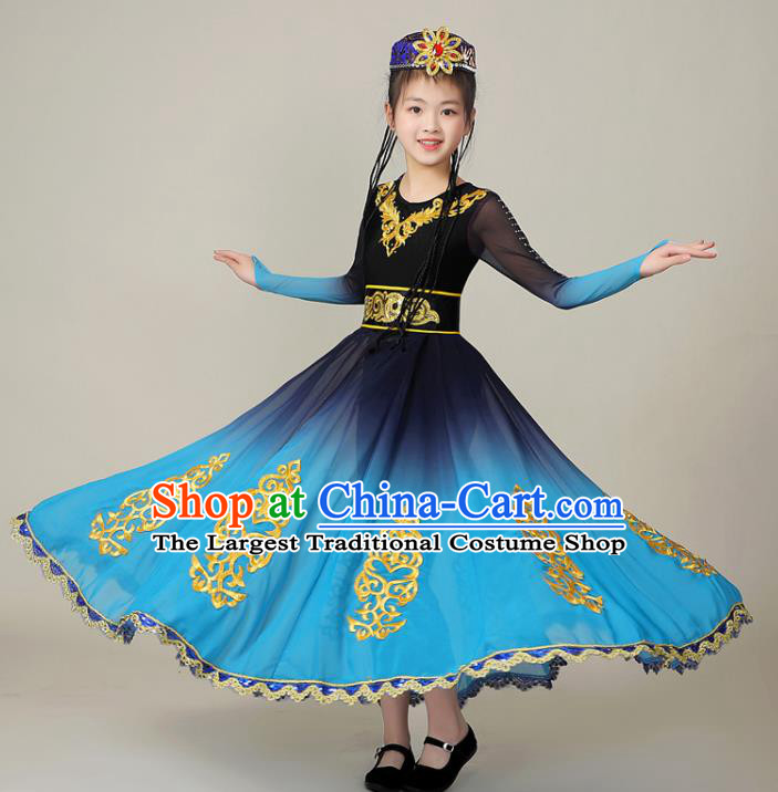 Chinese Uighur Minority Children Performance Garment Costumes Xinjiang Ethnic Folk Dance Blue Dress Outfits Uyghur Nationality Dance Clothing