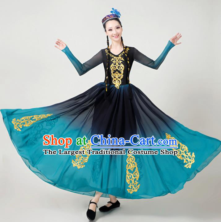 Chinese Xinjiang Ethnic Female Blue Dress Outfits Uyghur Nationality Folk Dance Clothing Uighur Minority Performance Garment Costumes