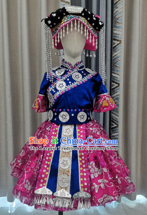 Chinese Lisu Nationality Children Performance Clothing Ethnic Folk Dance Garment Costumes Qiang Minority Dance Dress Outfits and Hat