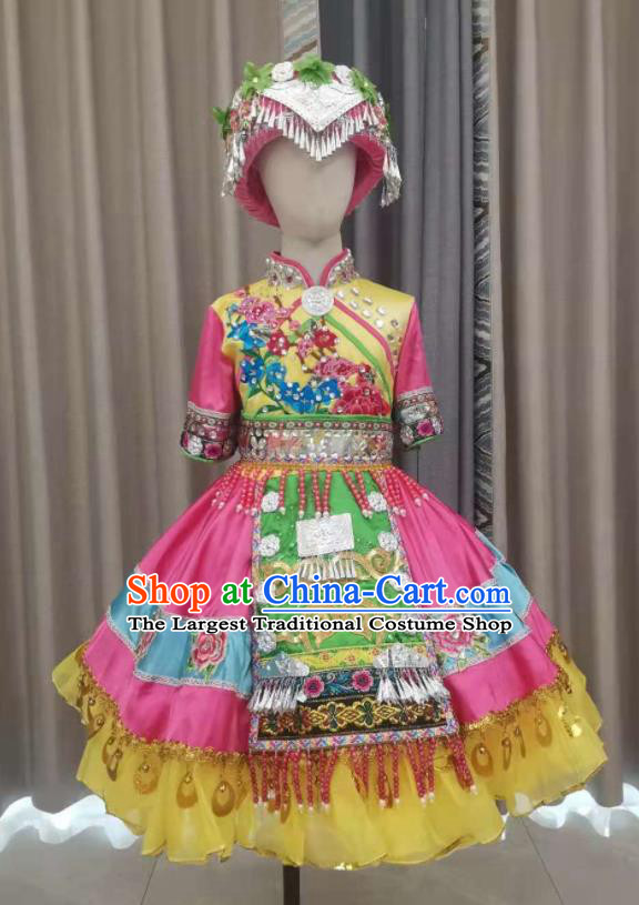 Chinese Qiang Nationality Children Performance Clothing Ethnic Folk Dance Garment Costumes Pumi Minority Dance Pink Dress Outfits and Headdress