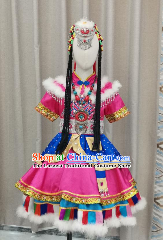 Chinese Zang Nationality Children Performance Clothing Ethnic Folk Dance Garment Costumes Tibetan Minority Dance Rosy Dress Outfits and Hair Accessories