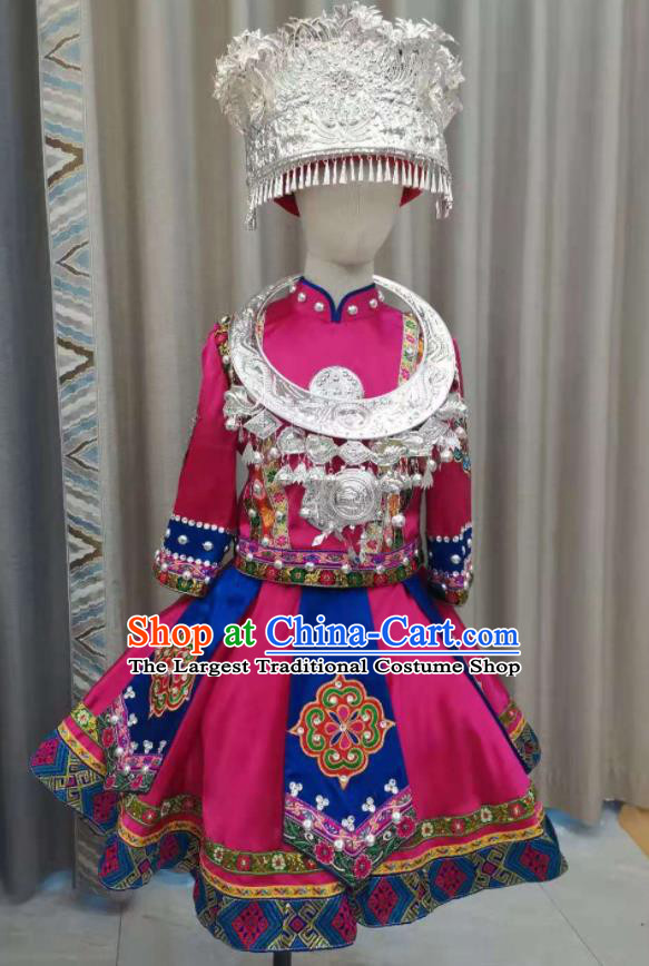 Chinese Pumi Minority Dance Rosy Dress Outfits Qiang Nationality Children Performance Clothing Ethnic Folk Dance Garment Costumes and Headdress