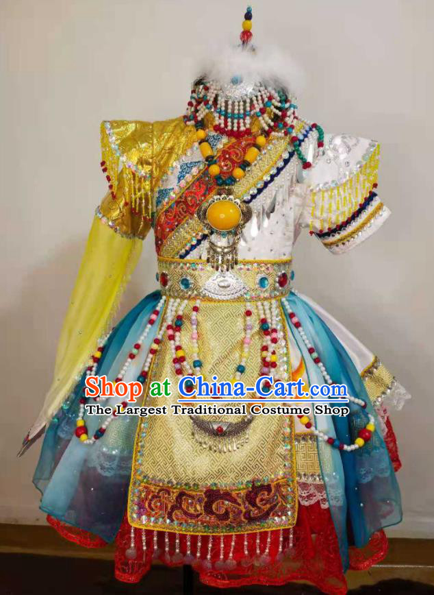 Chinese Tibetan Nationality Performance Clothing Ethnic Children Dance Garment Costumes Zang Minority Girl Festival Golden Dress Outfits and Hair Accessories