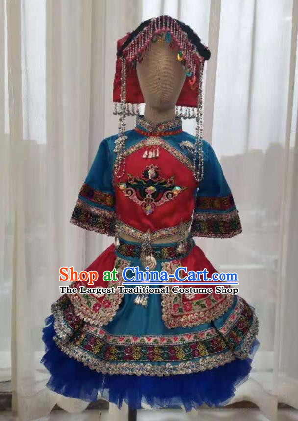 Chinese Qiang Nationality Performance Clothing Ethnic Children Dance Garment Costumes Pumi Minority Girl Festival Blue Dress Outfits and Headpiece