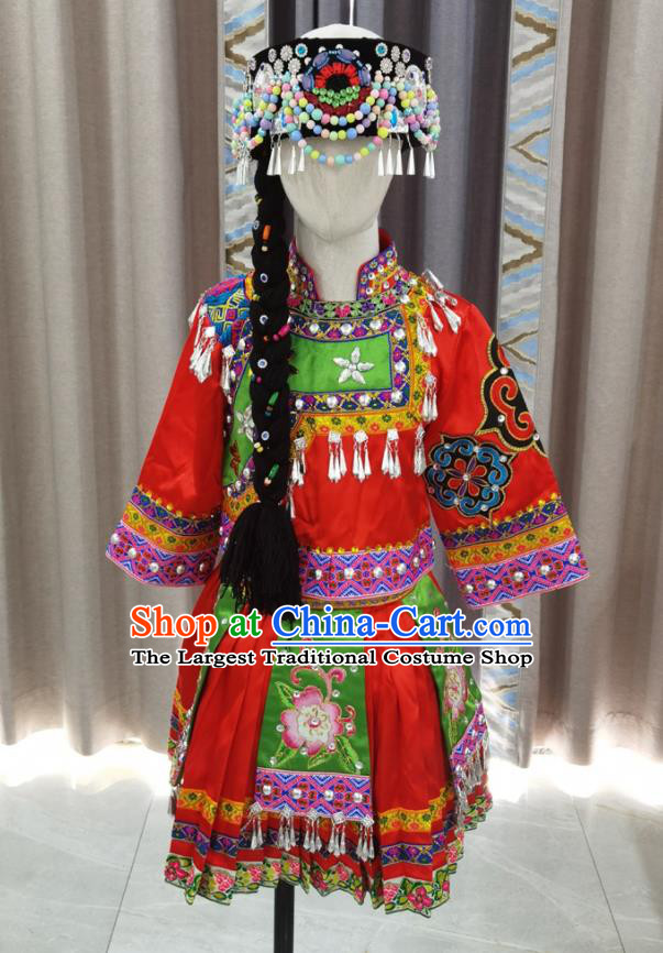 Chinese Pumi Nationality Performance Clothing Ethnic Children Dance Garment Costumes Lisu Minority Girl Festival Red Dress Outfits and Hat