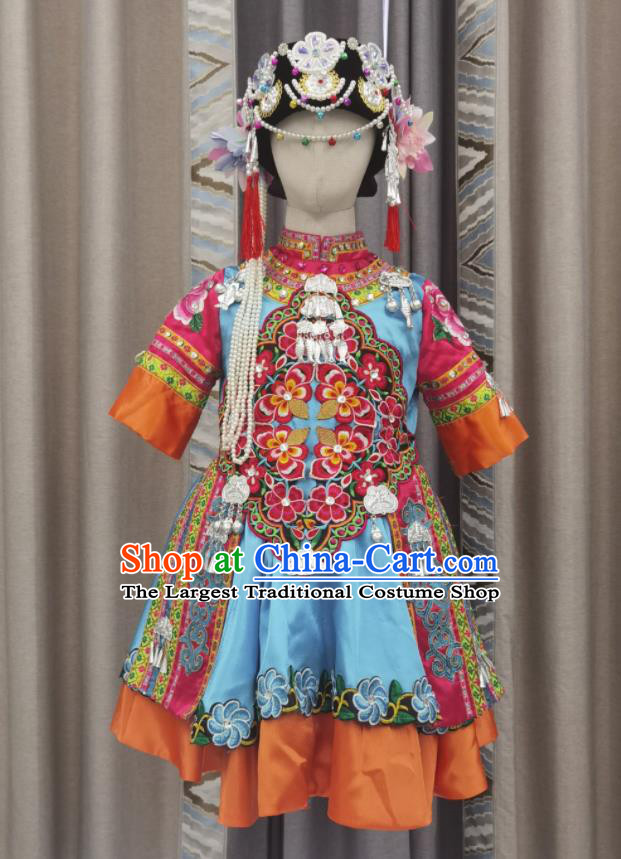 Chinese Miao Nationality Performance Clothing Ethnic Children Dance Garment Costumes Qiang Minority Girl Festival Dress Outfits and Headwear
