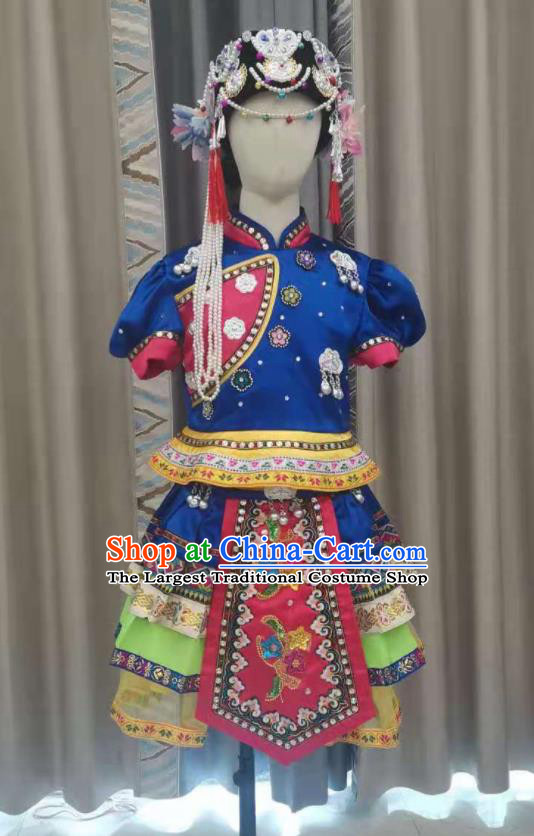 Chinese Yi Nationality Children Performance Clothing Ethnic Folk Dance Garment Costumes Pumi Minority Girl Festival Royalblue Dress Outfits and Hat