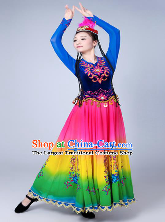 Chinese Uyghur Nationality Traditional Festival Clothing Spring Festival Gala Ethnic Dance Garment Costumes Xinjiang Minority Dance Dress Outfits