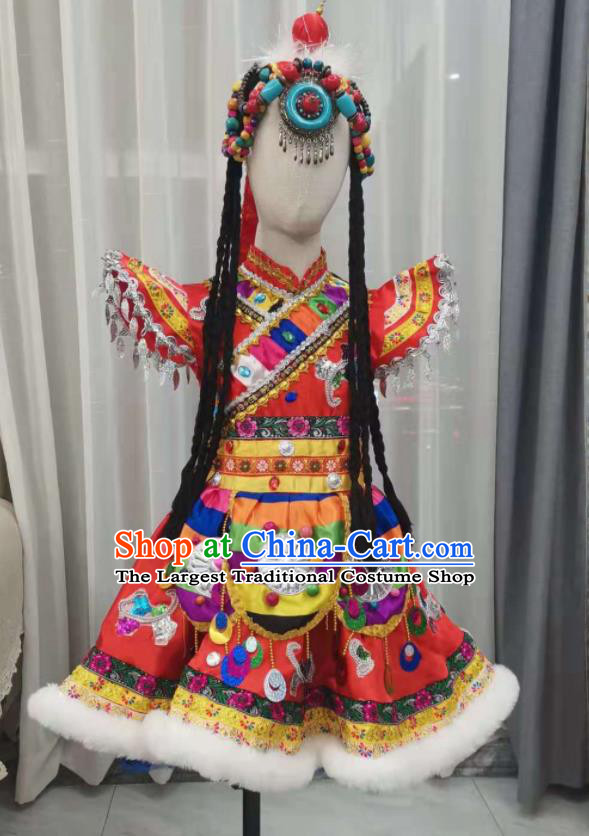 Chinese Zang Nationality Children Performance Clothing Ethnic Folk Dance Garment Costumes Tibetan Minority Girl Festival Red Dress Outfits and Headpieces