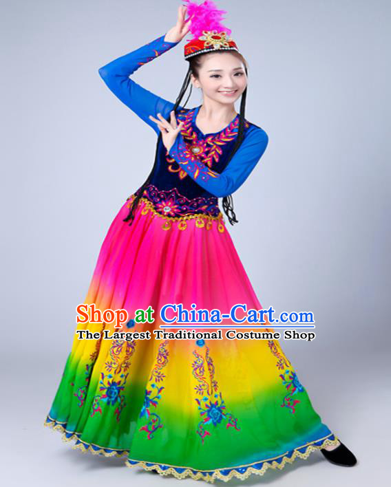 Chinese Uyghur Nationality Traditional Festival Clothing Spring Festival Gala Ethnic Dance Garment Costumes Xinjiang Minority Dance Dress Outfits