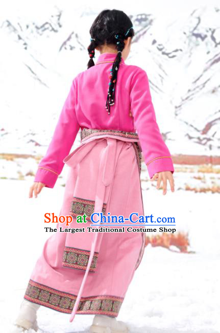 Chinese Tibetan Nationality Girl Clothing Ethnic Children Pink Blouse and Skirt Zang Minority Festival Performance Costumes