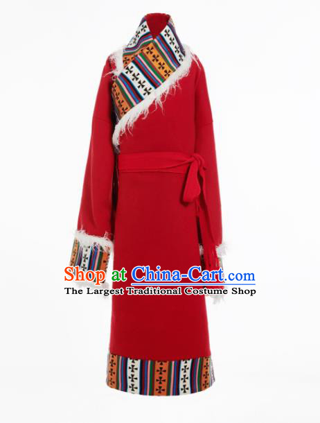 Chinese Traditional Children Red Woolen Tibetan Robe Xizang Ethnic Girl Clothing Zang Minority Festival Performance Costumes
