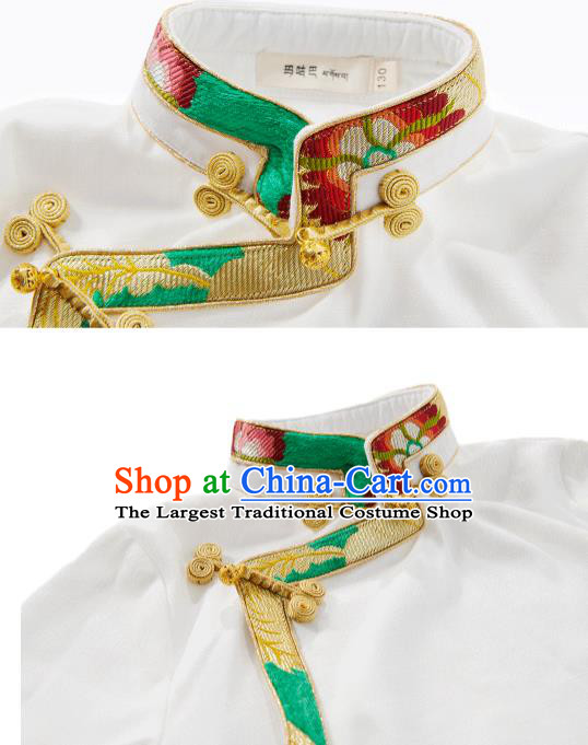 Chinese Zang Minority Performance Costumes Tibetan Nationality Girl Clothing Ethnic Children White Shirt and Red Skirt