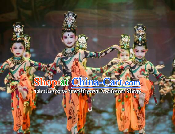 China Thousand Hands Goddess Dance Clothing Children Stage Performance Uniforms Classical Dance Apparels Girl Flying Dance Garment Costumes